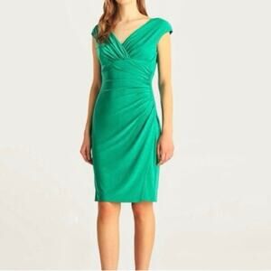 Lauren Ralph Lauren Kelly Green Surplice V-Neck Ruched Sheath Dress Size 6